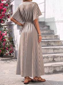 Louniche Women's White And Brown Base Polka Dot V-Neck Cinched Waist A-Line Button-Down Dress With Button Decor Hem Slit Elastic Back Waist Lantern Sleeves - Brown - View 2