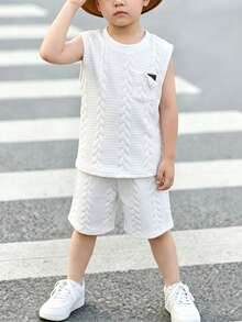 SHEIN Casuvi Kids 2件組小男孩可愛簡約學院風休閒運動針織套裝，上衣+短褲，不對稱口袋、鈕扣設計，適合夏季上學、旅行、戶外運動 - 白色 - 查看 3
