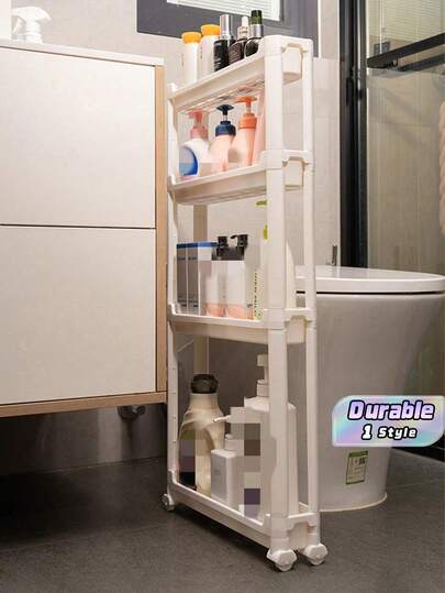 One White Multi-Tiered Kitchen Storage Rack, Available In Various Styles, Floor-Standing Multi-Tiered Storage Rack With Seams, Equipped With Casters For Easy Movement, Trolley-Style Storage Organization Rack.