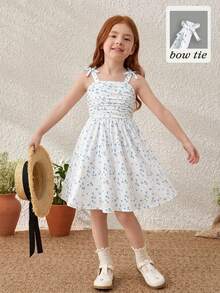 Elladie kids 女童春夏新款碎花无袖针织连衣裙，饰有蝴蝶结，休闲舒适，优雅大方，适合日常穿着、上学、度假、海滩、派对等场合。 - 白色 - 查看 1