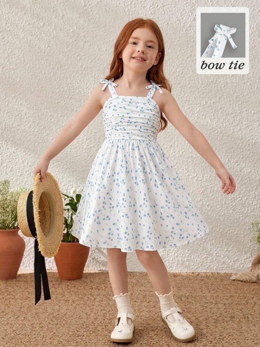 Elladie kids 女童春夏新款碎花无袖针织连衣裙，饰有蝴蝶结，休闲舒适，优雅大方，适合日常穿着、上学、度假、海滩、派对等场合。 - 白色 - 查看 1