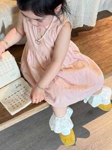 Dazy Kids 嬰兒女童圓領刺繡卡通可愛無袖中長洋裝 - 薑色 - 查看 4