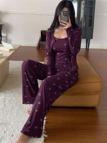 DAZY 3-Piece Bow Pattern All-Over Print Cardigan, Camisole And Long Pants Women's Pajama Set - Purple - View 5