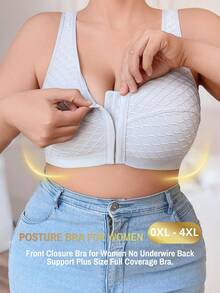 SHEIN Solid Color Soft Comfortable Wavy Jacquard Patchwork Mesh Plus Size Sports Bra, 1pc - Light Grey - View 6