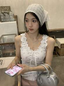 FRIFUL Women's Summer Casual Vacation Ditsy Floral V-Neck Frill Bow Decor Ruched Bust Fitted Tank Top - White - View 3