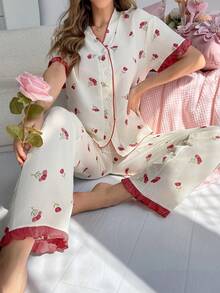 CottageSlumber Conjunto de cárdigan con estampado floral arrugado de burbujas y ribete de volantes - Burdeos - Ver 3