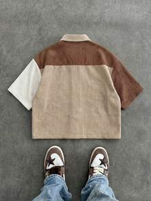 SWAVVY Camisa de manga corta de pana con parches para hombre, primavera/verano - Caqui - Ver 6