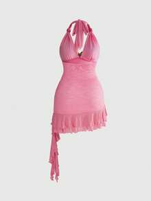 ROMWE Avant Vestido casual de talla grande de unicolor con escote halter y espalda descubierta - Rosa - Ver 6