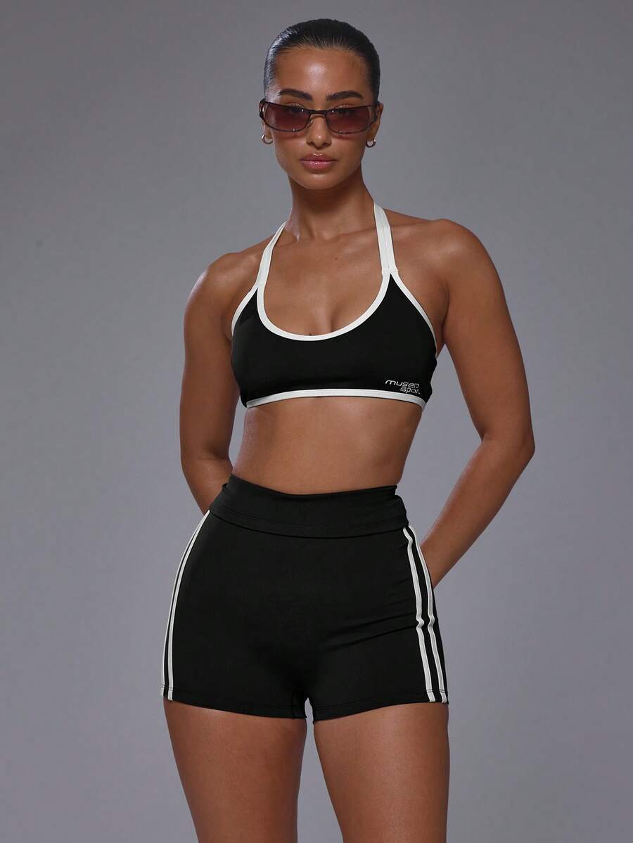 Musera Sport 挖勺領撞色滾邊露背掛脖軟觸感運動內衣上衣,僅上衣,適合健身房運動、皮拉提斯、健身日常穿搭,可愛風格 - 黑色 - 查看 1
