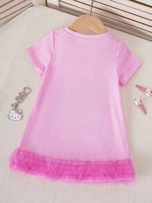 HELLO KITTY AND FRIENDS | SHEIN 女嬰圓領字母卡通印花休閒日常穿著洋裝 - 粉色 - 查看 2
