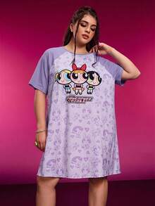 THE POWERPUFF GIRLS X SHEIN 大尺碼女款字母卡通印花休閒日常居家短袖睡裙 - 紫色 - 查看 4