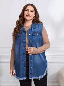 SHEIN CURVE+ 大码女式休闲单排扣毛边牛仔背心外套 - 藍色 - 查看 5