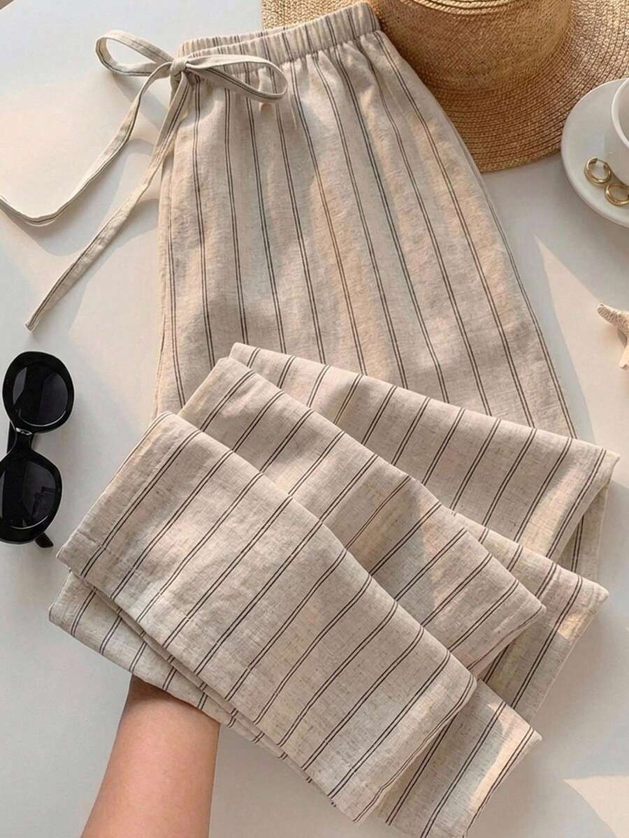 SHEIN EZwear 女款休閒腰綁帶條紋直筒長褲,休閒、夏季、度假穿搭、街頭風、海灘、街頭風格,適合日常通勤、約會、派對、秋冬/夏季、聖誕節、新年、感恩節、派對、婚禮、海灘、畢業典禮,優雅、休閒 - 彩色 - 查看 1