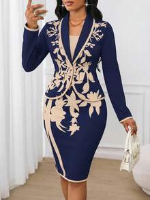 SHEIN Lady 女款辦公通勤外出套裝 夏日海軍藍花卉商務休閒優雅工作晚餐服 教師節穿搭 - 藏蓝色 - 查看 7