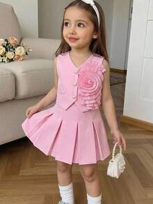 SHEIN Elladie kids 小女孩甜美粉色无袖珍珠纽扣背心+蝴蝶结百褶裙两件套，优雅休闲夏季套装 - 粉色 - 查看 1