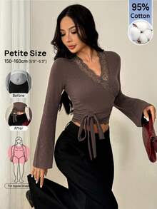 SHEIN PETITE Women's Solid Color Contrast Lace Waist Knot Long Sleeve Slim Fit T-Shirt Date Dark Brown,Summer,Autumn,Elegant,Soft Basic Everyday Top,Going Out - Brown - View 7