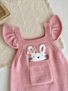 SHEIN Mono suéter casual de otoño para bebé niña con cuello cuadrado, volantes y estampado lindo de conejo - Rosa - Ver 5