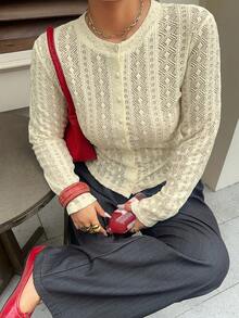 Dazy Plus 春夏商務休閒時尚街頭風 紋理鏤空提花花卉植物新年聖誕女款開襟衫 T恤上衣 長袖 - 杏色 - 查看 5