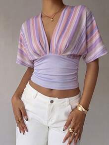 Aloruh Women's Contrast Color Striped Pattern Fashion Elegant Slim Fit T-Shirt Night Out Lavender Summer - Purple - View 3