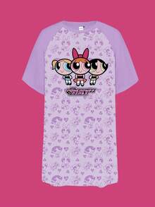 THE POWERPUFF GIRLS X SHEIN 大尺碼女款字母卡通印花休閒日常居家短袖睡裙 - 紫色 - 查看 6