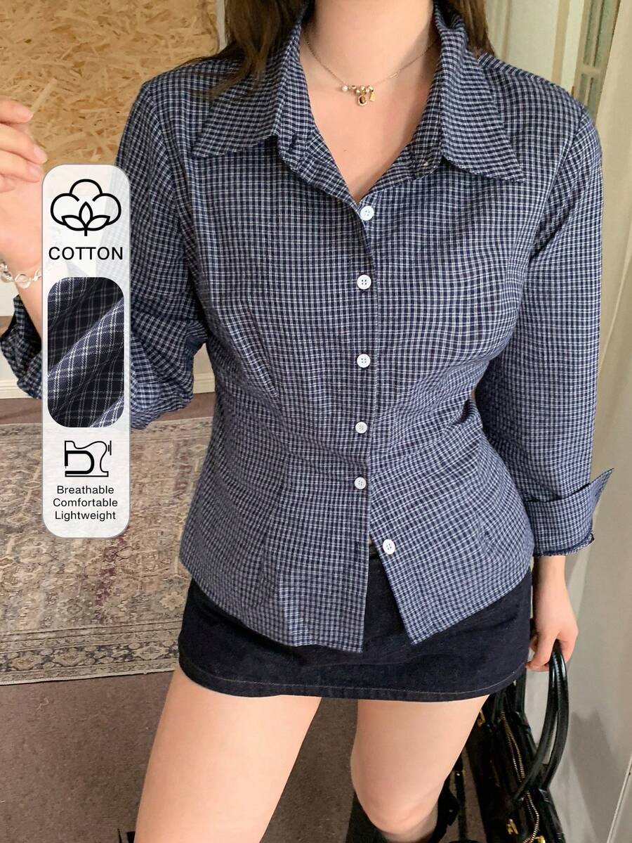REIGN AVE 泡泡短袖領口短版襯衫,格紋圖案與收腰設計,夏季款 - 藏蓝色 - 查看 1