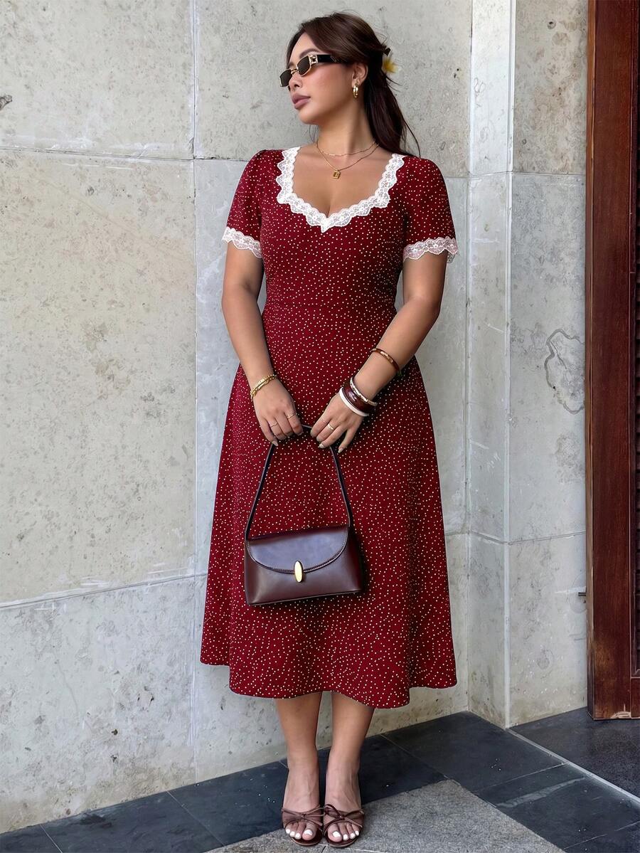 Breezaya Women's Summer Elegant 1960s Commuter Casual French Vintage Navy Blue Polka Dot Print Square Neck Short Sleeve Lace Trim Fitted Waist Slimming Dress - Red - View 1