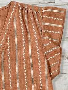 SHEIN LUNE Plus Size Brown Striped Textured Ruffle Hem Shirt,Boho Summer Vacation Holiday Minimalist Casual Versatile Beach Graduation Brunch Elegant Outfit - Multicolor - View 4