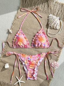 Swim Mod 2件套春夏沙滩度假随机印花荷叶边挂脖三角上衣和侧系带泳裤性感比基尼套装波西米亚风比基尼套装图案比基尼花卉比基尼套装夏季比基尼套装波西米亚风泳装阳光印花比基尼女士比基尼套装女士比基尼套装女士泳衣女士泳装两件套 - 彩色 - 查看 3