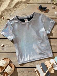 Cozy Pixies Baby Girls Tops Random 3 Pieces, Send 1 Piece Street Style Spring Summer Knitted Coated Colorful Silver Gray Round Neck Short Sleeve Top - Silver - View 7