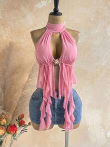 Soleia Top sexy versátil para mujer de color liso con cuello halter, plisado y volantes, para citas y salidas - Rosa Pálido - Ver 8