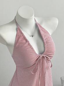 Elamini Damen Sommerkleid mit Schleife, Trägern, Streifen, Neckholder und rückenfrei - Rot - Übersicht 6