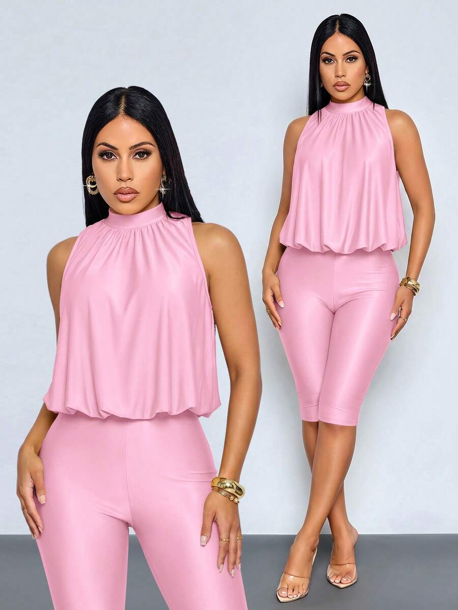 SOLERSUN Women's Halter-Neck Top And Fitted Knee-Length Shorts Set-Spring/Summer Old Money Aesthetic