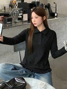 DAZY 女款波點休閒百搭日常穿著襯衫 - 黑色 - 查看 5