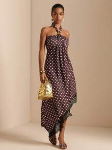 SHEIN LUNE Women's Elegant Retro 90s Vacation Daily Halter Neck Asymmetric Hem Lace Patchwork Dress Party Brown And White Polka Dot Summer - Brown - View 5