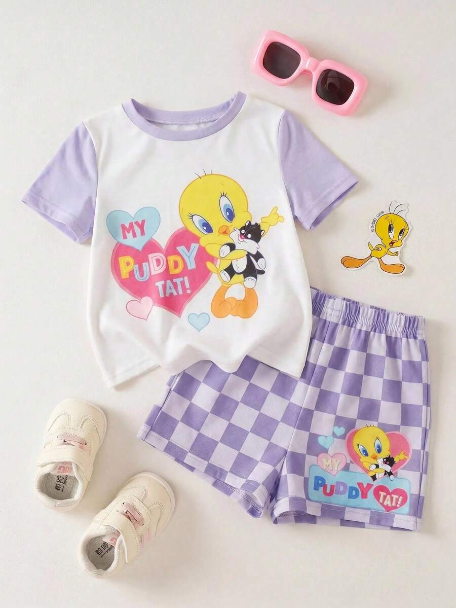 LOONEY TUNES X SHEIN 女嬰拼接色卡通愛心印花T恤與棋盤格短褲套裝 - 紫色 - 查看 1
