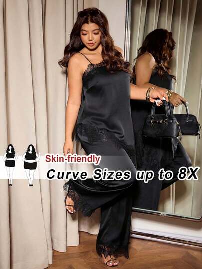 SHEIN CURVE+ Plus Size 2-Piece Set Elegant Satin Black Outfit Sleeveless Asymmetric Hem Camisole Wide Leg Pants Lace Trim Wedding Guest Outfits For Women