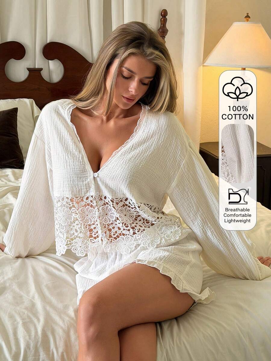 Livesso Women's Textured Sweet Lace Patchwork Button-Up Top And Shorts Pajama Set Summer - White - View 1