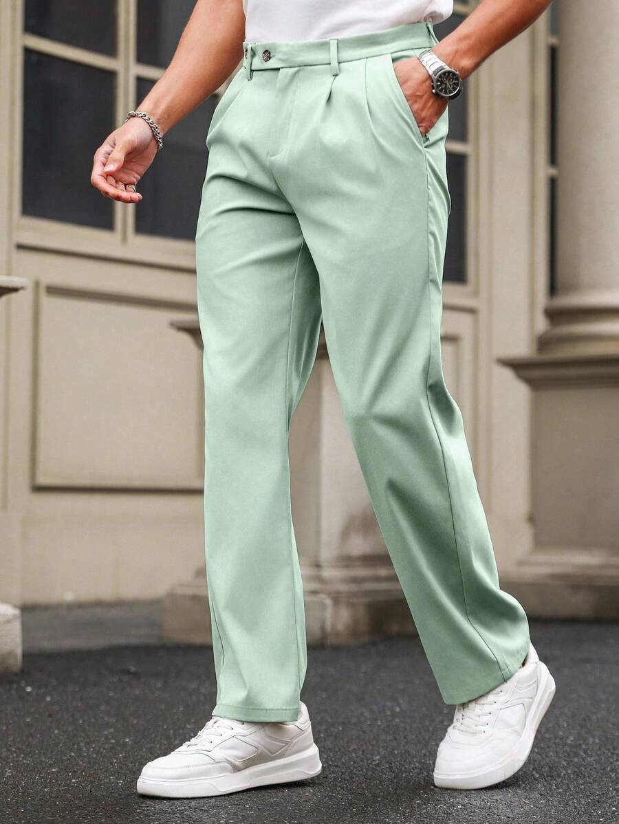 Manfinity Homme Men's Solid Color Pleated Pocket Casual Straight Leg Pants - Mint Green - View 1