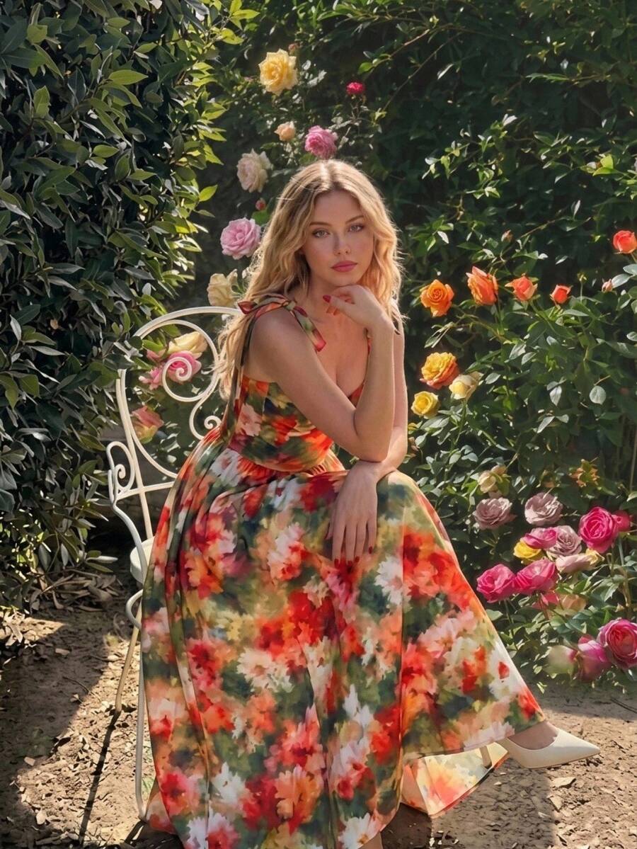 SHEIN MOD Abito midi da donna con stampa a pittura a olio, vita alta e orlo a ombrello - Multicolore - Visualizzare 1