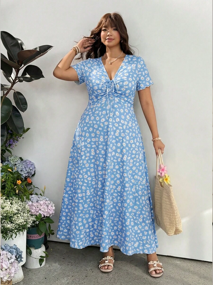 GalTyme 大尺碼女款花卉印花百褶休閒浪漫可愛 L'amoure 束腰仙女風優雅派對早午餐度假洋裝 藍白配色 夏季 - 彩色 - 查看 1