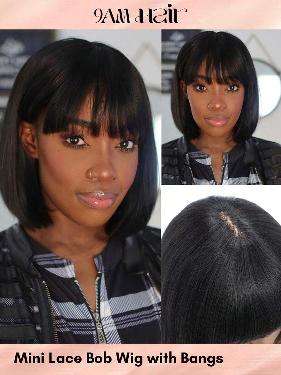 Wig Bob dengan Poni, Rambut Manusia, Tanpa Lem, Wig Bob Pendek untuk Wanita, Wig Renda 2x1 Buatan Mesin yang Ditingkatkan, Belahan Tengah - Natural Black - View 1