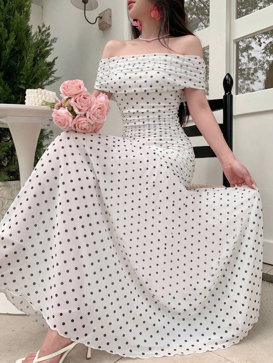 Modelyn 女款波點印花網紗方領收腰抓皺優雅婚禮約會洋裝