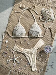Swim Mod 2-Piece Set Spring/Summer Vacation Solid Color Woven Pearl Shell Decor Triangle Cup Bra And Side-Tie Ruched Bikini Bottom Sexy Women's Swimwear Set - Apricot - View 4