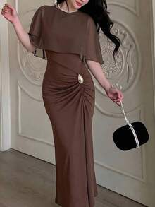 Modelyn 女款圓領腰部金屬裝飾優雅長洋裝 - 棕色 - 查看 5