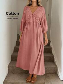 SHEIN LUNE V領蝴蝶結燈籠袖抓皺腰A字傘裙雙層克ريب棉布休閒寬鬆通勤老錢風女款長洋裝 - 紅木色 - 查看 7