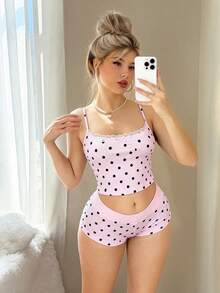 Sweetina 2pcs Lace Bow Patchwork Teddy Bear Print Ultra Low Waist Mini Shorts Set Lounge Pink And Black Polka Dot Summer Cute - Pink - View 1