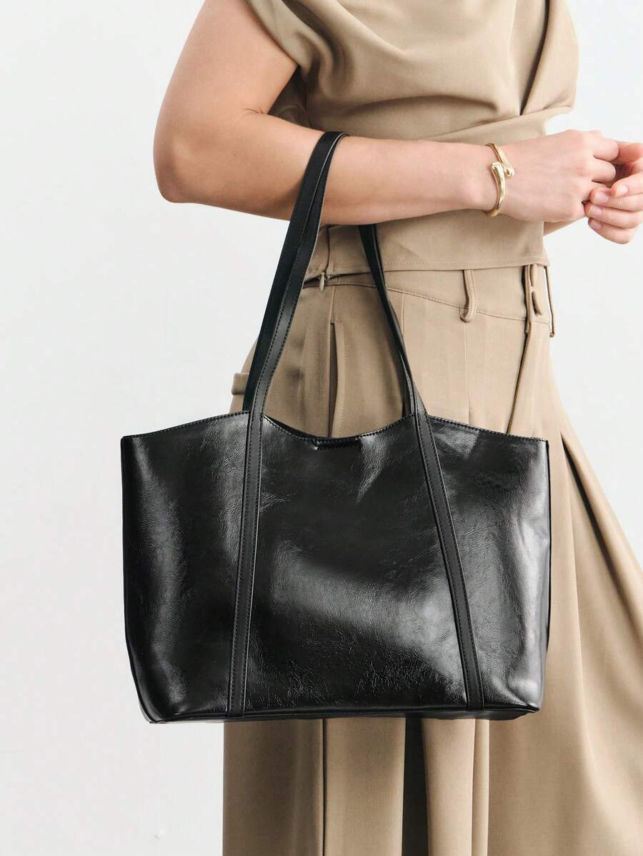 SHECARRY Bolso tote de moda y simple para mujer, bolso de hombro negro exquisito de gran capacidad, adecuado para mujeres, madres, profesoras, uso diario, ir al trabajo, compras, viajes y combinaciones - Negro - Ver 1