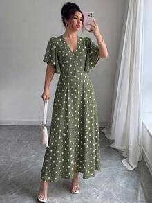 Elenzga Women's V-Neck Cinched Waist A-Line Button-Front Hem Slit Umbrella Sleeve Short Sleeve Apricot Base Coffee Brown Romantic Large Polka Dot Long Dress French Elegant Sophisticated Vintage Formal Office Commute Casual Beach Vacation Beach Style Western Street Style Street Photography Minimalist Versatile Fashion Afternoon Tea Party Home Leisure Comfortable Bohemian Spring Summer New - Army Green - View 5