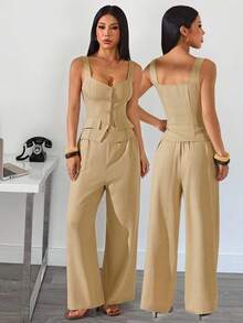 SHEIN PETITE Women's Linen-Blend Two-Piece Set – Buttoned Vest Top Wide-Leg Pants Solid Color Single-Breasted And Summer Spring Valentine's Day Party Office Beige - Beige - View 8