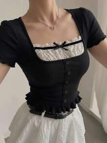 DAZY Women Contrast Color Bow Casual Short Sleeve T-Shirt Summer Babydoll Top Cute Tops - Black - View 9